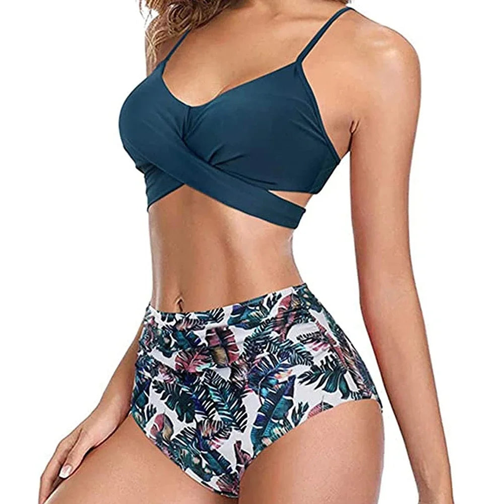 Hot 12 Colors Women Slim Bikini Sets High Waisted Sexy Swimwear 2 Pieces 2025 Solid/Floral Ruched Brazilian Swimsuit Cross Front