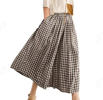 2024 Summer New Culotte Pants High Waist Pleated Slanted Pocket A-Shaped Wide Leg Covering Span Checkered Printing Trousers