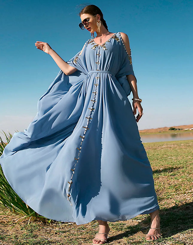 Diamond-Embellished Cold-Shoulder V-Neck Summer Kaftan Abaya – Luxury Evening Party & Eid Gown