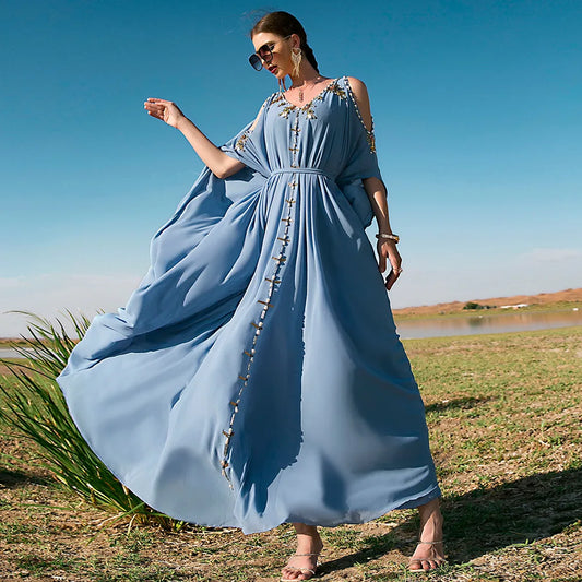 Diamond-Embellished Cold-Shoulder V-Neck Summer Kaftan Abaya – Luxury Evening Party & Eid Gown
