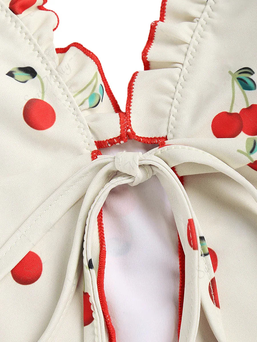 Floral Print Ruffle Off-Shoulder Bikini Top – Tie Front Sleeveless Swimsuit Crop for Women (Top Only)