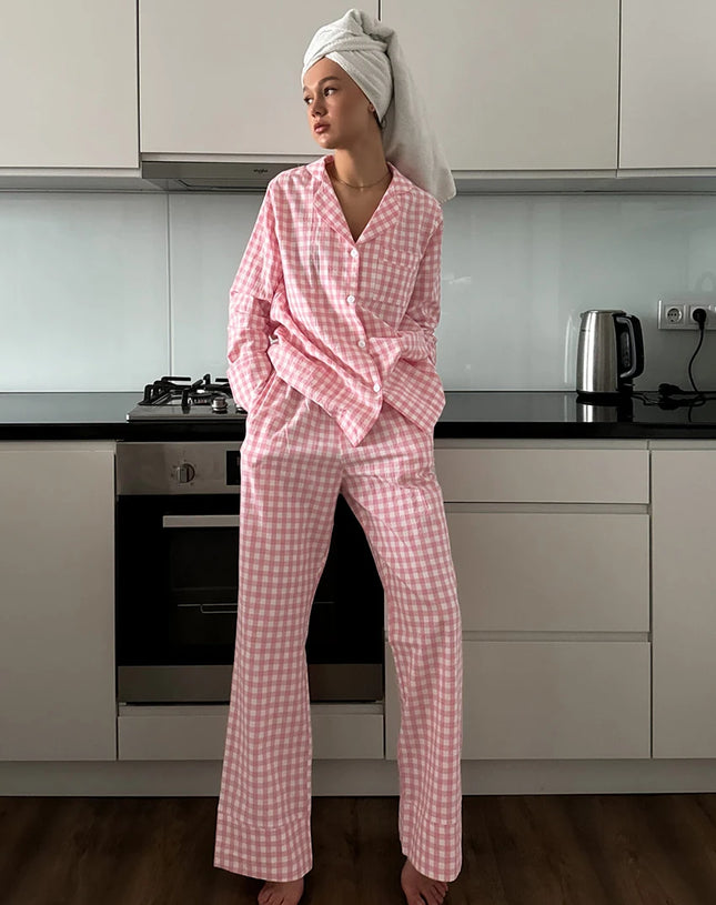 Pink Plaid Loose-Fit Turn-Down Collar Nightgown & Pajama Pant Set – Long Sleeve Sleepwear