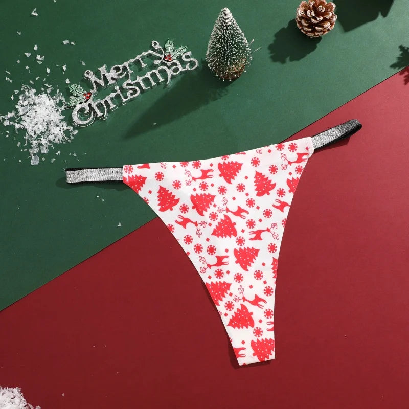New 4Pcs Christmas Print Underwear Breathable Shiny Belt Thong Women Skin-friendly Fashionable Casual Christmas Gifts
