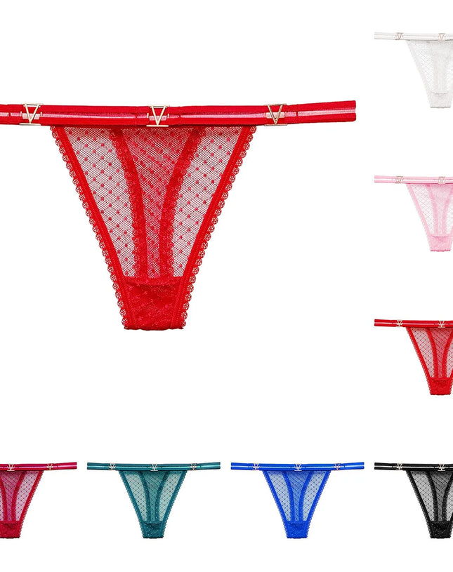 Seamless Hipster Mesh Thong – Low Waist Multi-Color G-String with Lace & Metal Buckles for Women