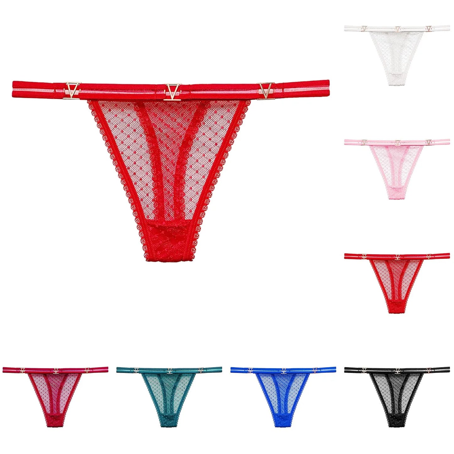 Seamless Hipster Mesh Thong – Low Waist Multi-Color G-String with Lace & Metal Buckles for Women