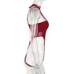 Solid Red Mesh Corset Bodysuit