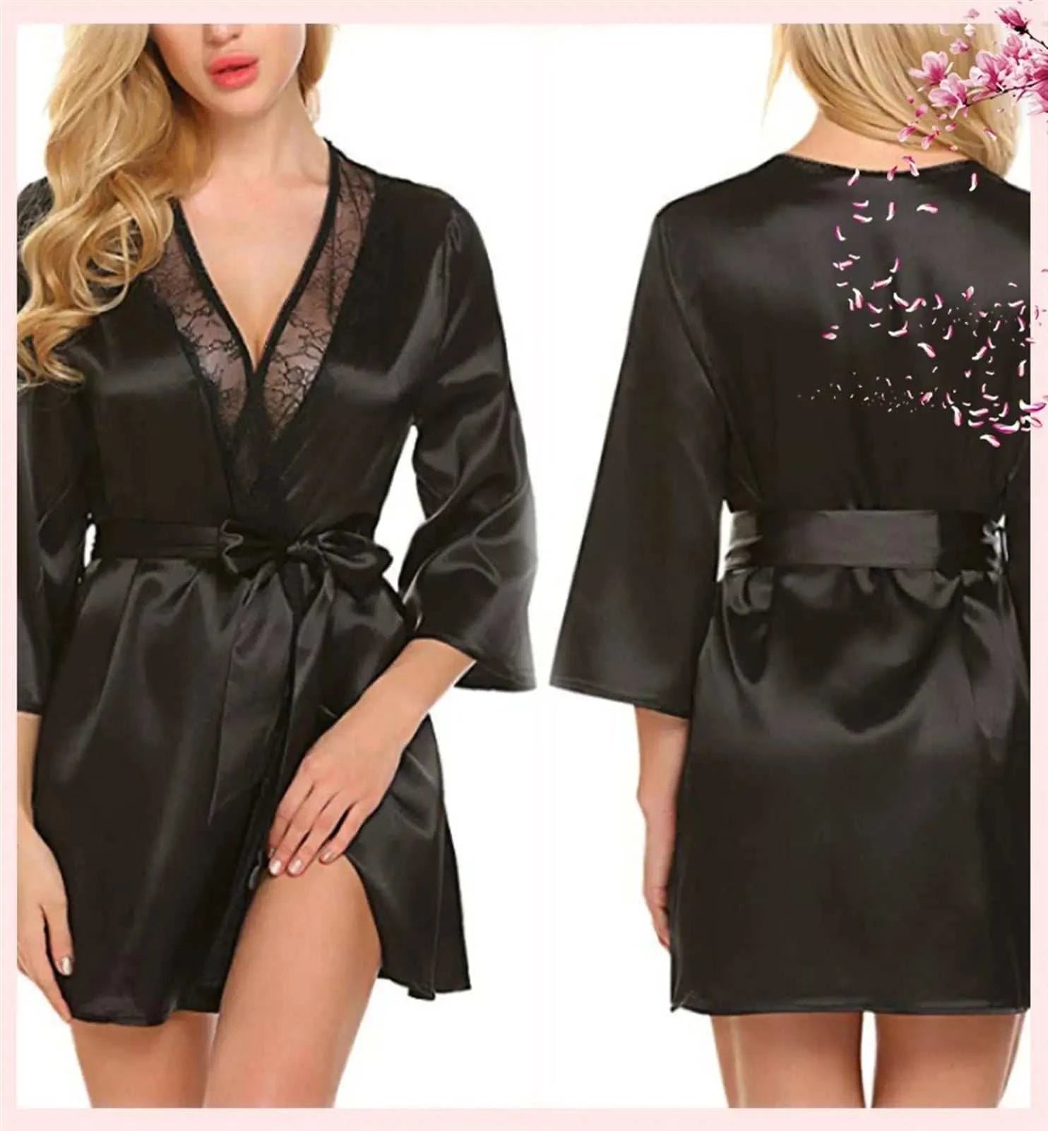 Women's Sexy Satin Solid Color Robe Lace Trim Kimono Nightgown Deep V Neck Lingerie Pajamas Bathrobe Sexy Sleepwear of Women ﻿