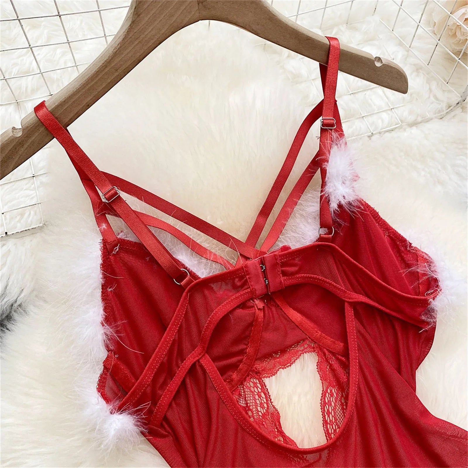 Women's Sexy Christmas Erotic Lingerie Furry With Steel Ring Lace Bodysuit Negligee Lingerie Секси Комплект Женского Белья