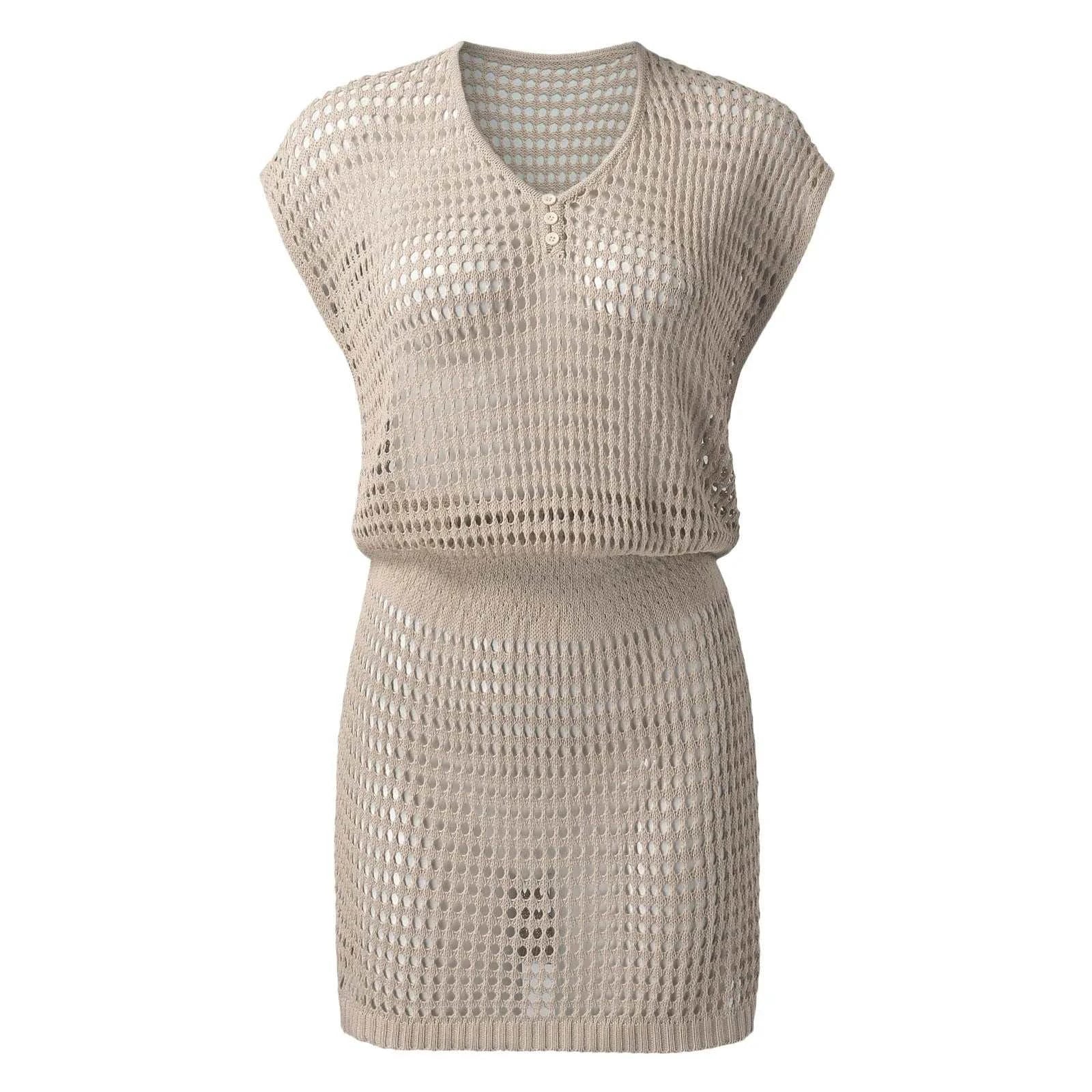 Sexy Hollow Out Beach Dress Women V Neck Crochet Swimsuit Short Sleeve Cover Up Solid Pareo Summer Swimwear Female Bathing Suit
