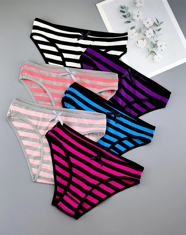 6PCS Women Cute Sexy Stripe Cotton Underwear Panties Bow Bikini Brief Lovely Girls Cotton Lingerie M/L/XL