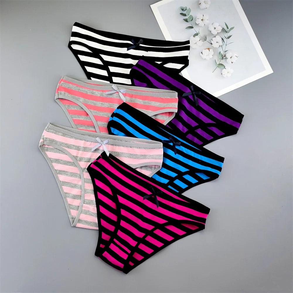 6PCS Women Cute Sexy Stripe Cotton Underwear Panties Bow Bikini Brief Lovely Girls Cotton Lingerie M/L/XL