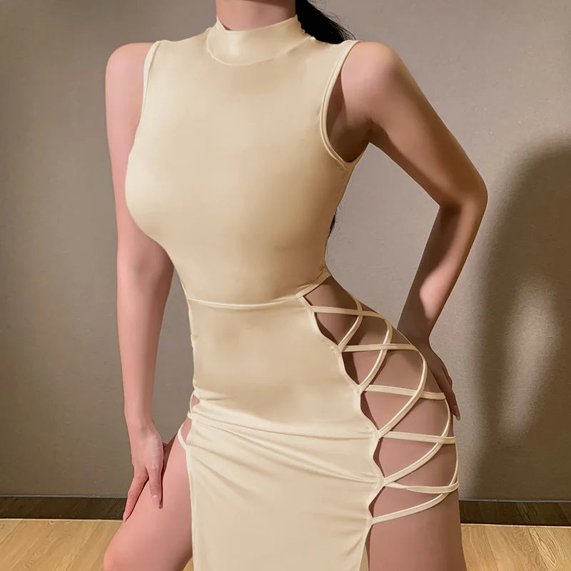 Women's Gothic Dress Summer New Sleveless Slim Sexy Black Wind Hanging Neck Tie Double Split Dress Female Y2K Clothing Dresses