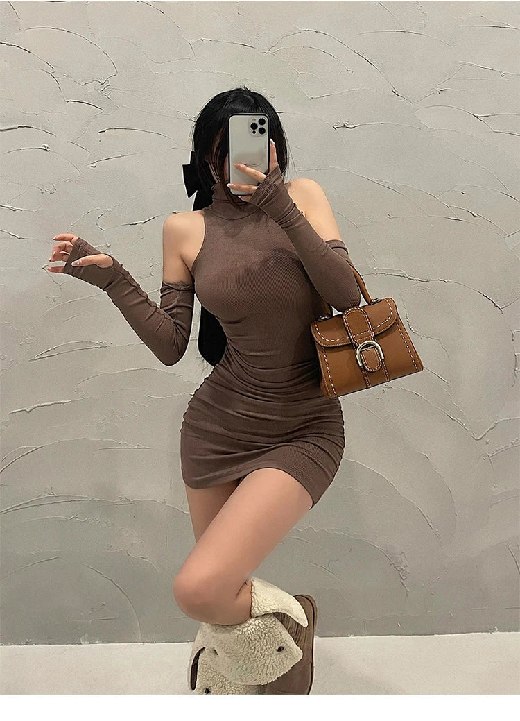 2025 New Women's Mini Dress Sleeveless Pleated Skinny Dress High Neck Lace Up Autumn Black Tight Elastic Party Tank Dresses