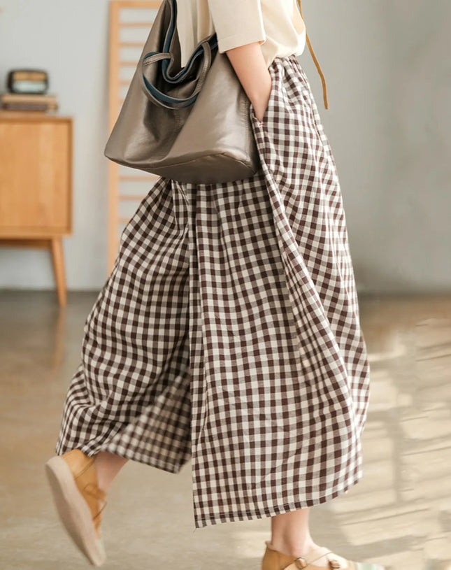 2024 Summer New Culotte Pants High Waist Pleated Slanted Pocket A-Shaped Wide Leg Covering Span Checkered Printing Trousers