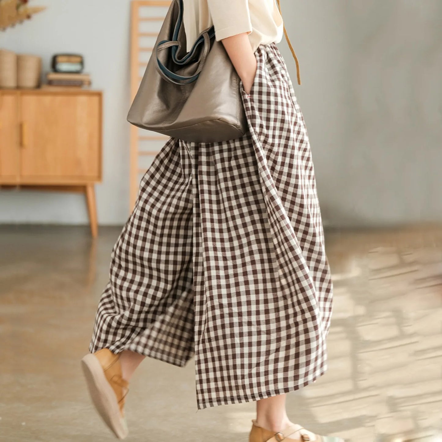 2024 Summer New Culotte Pants High Waist Pleated Slanted Pocket A-Shaped Wide Leg Covering Span Checkered Printing Trousers