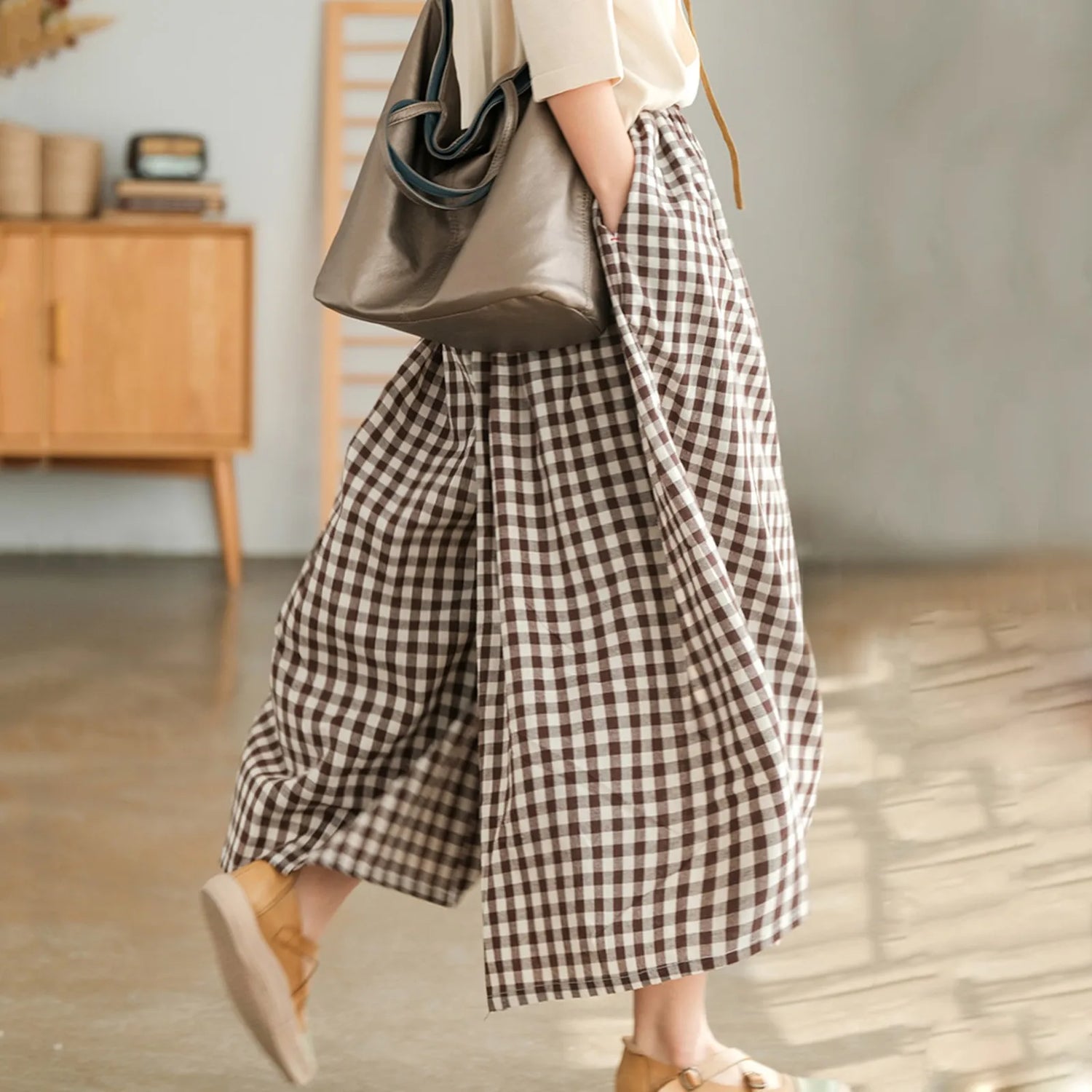 2024 Summer New Culotte Pants High Waist Pleated Slanted Pocket A-Shaped Wide Leg Covering Span Checkered Printing Trousers