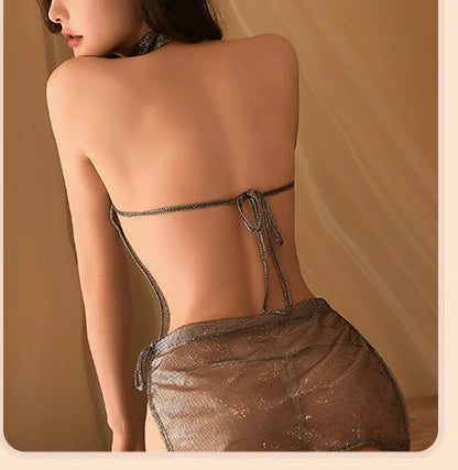 Sexy lingerie nightclub perspective flirting uniform hot no take off mesh deep V-strap set sexy costume woman daring lingerie