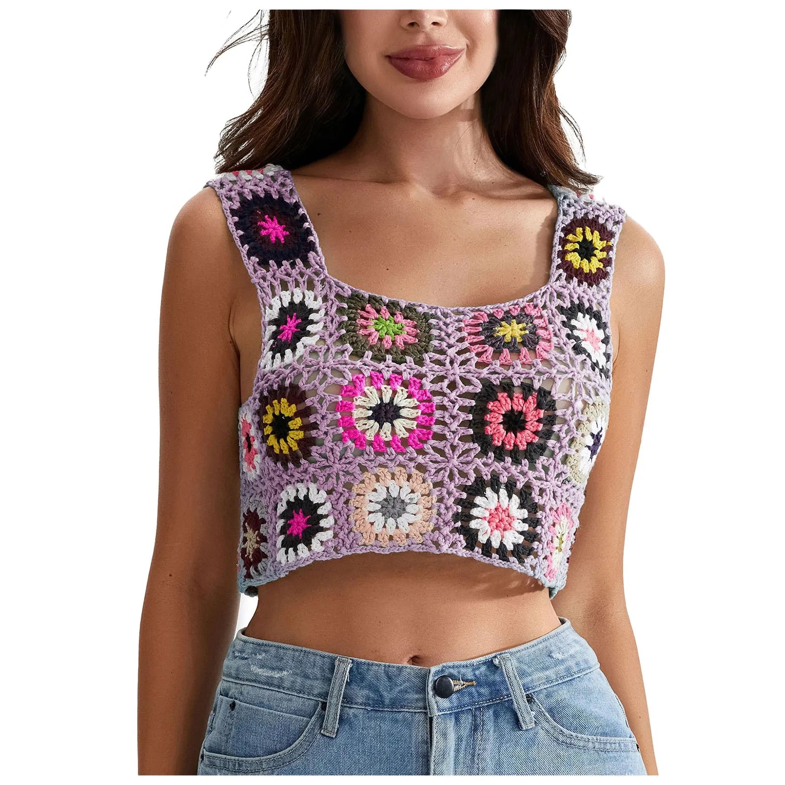 Womens Crochet Tank Top With Tassels Cover Ups Knit Colorful Floral Embroidery Summer Backless Camisole Fashion Casual Bohemian