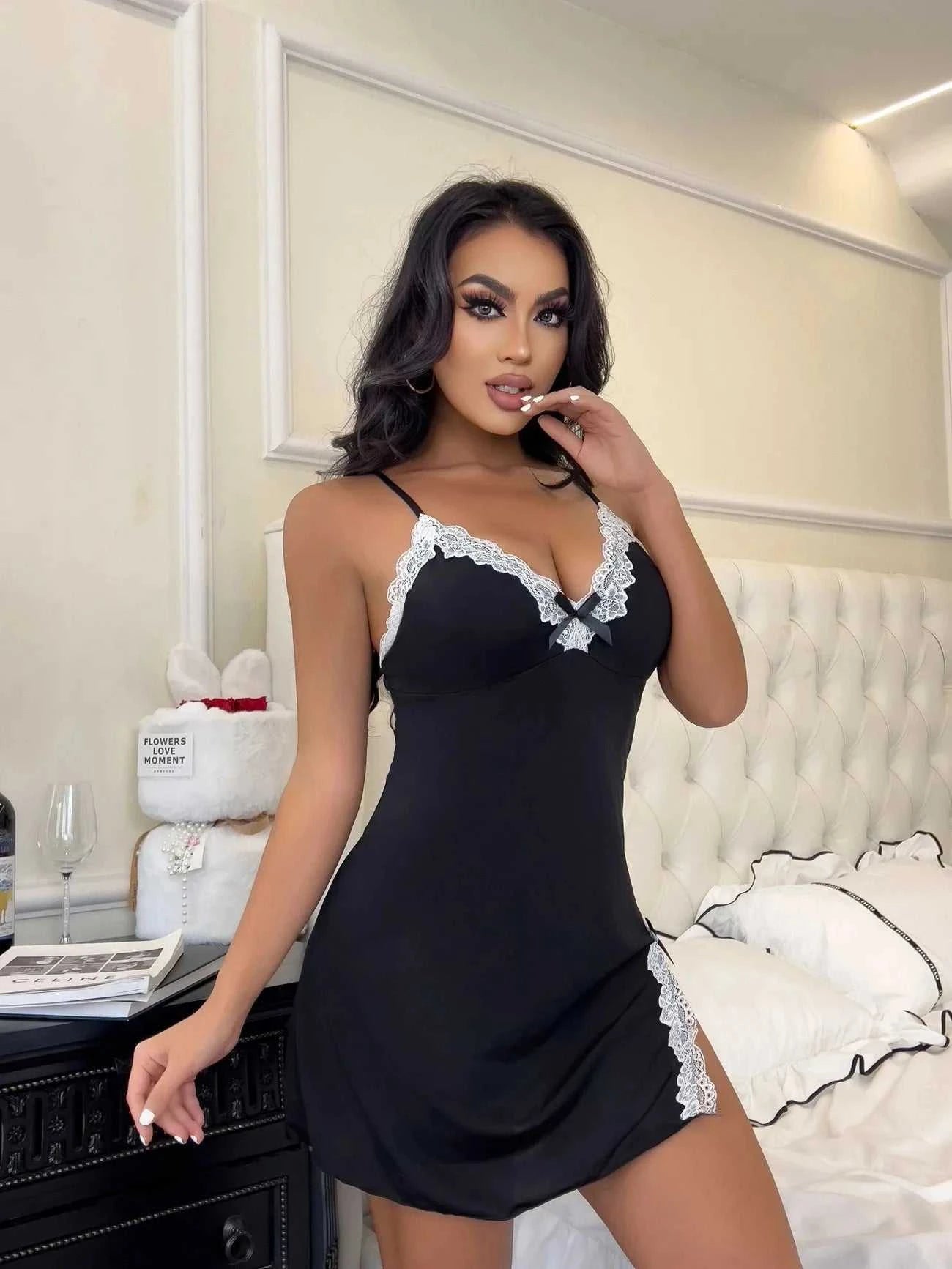 Plus Size Set Lace Bra And Thong Sets Sexy Dress Women's Lingerie V-Neck Nightgown Split Hem Soft Lingeries Female Clothes Hot