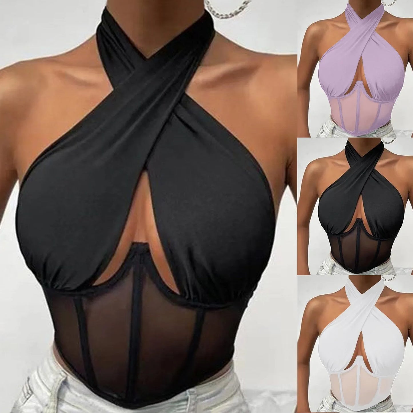 Sexy Cotton Stretch Tops For Women Cross Halter Sleeveless Blouses Fashion Sleeveless Hollow Out Top Irregular Neckline Tank Top