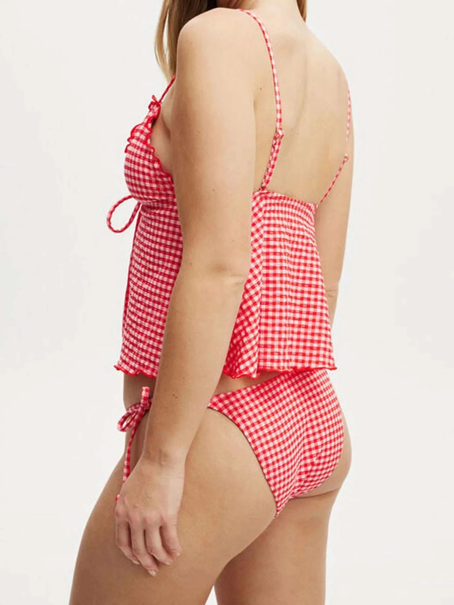 Women s Plaid Print Sleeveless Cami Top with Deep V Neckline and Front Tie-up Detail - Stylish Split Shirt for Summer