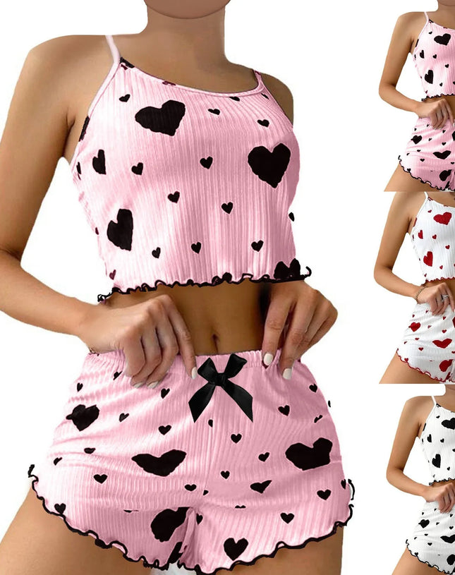 Heart Print Women's Pajamas Set Sleepwear 2 PCS Short Tank Tops and Shorts Sets Ventilate Soft Casual Love Sleeveless Home Suit