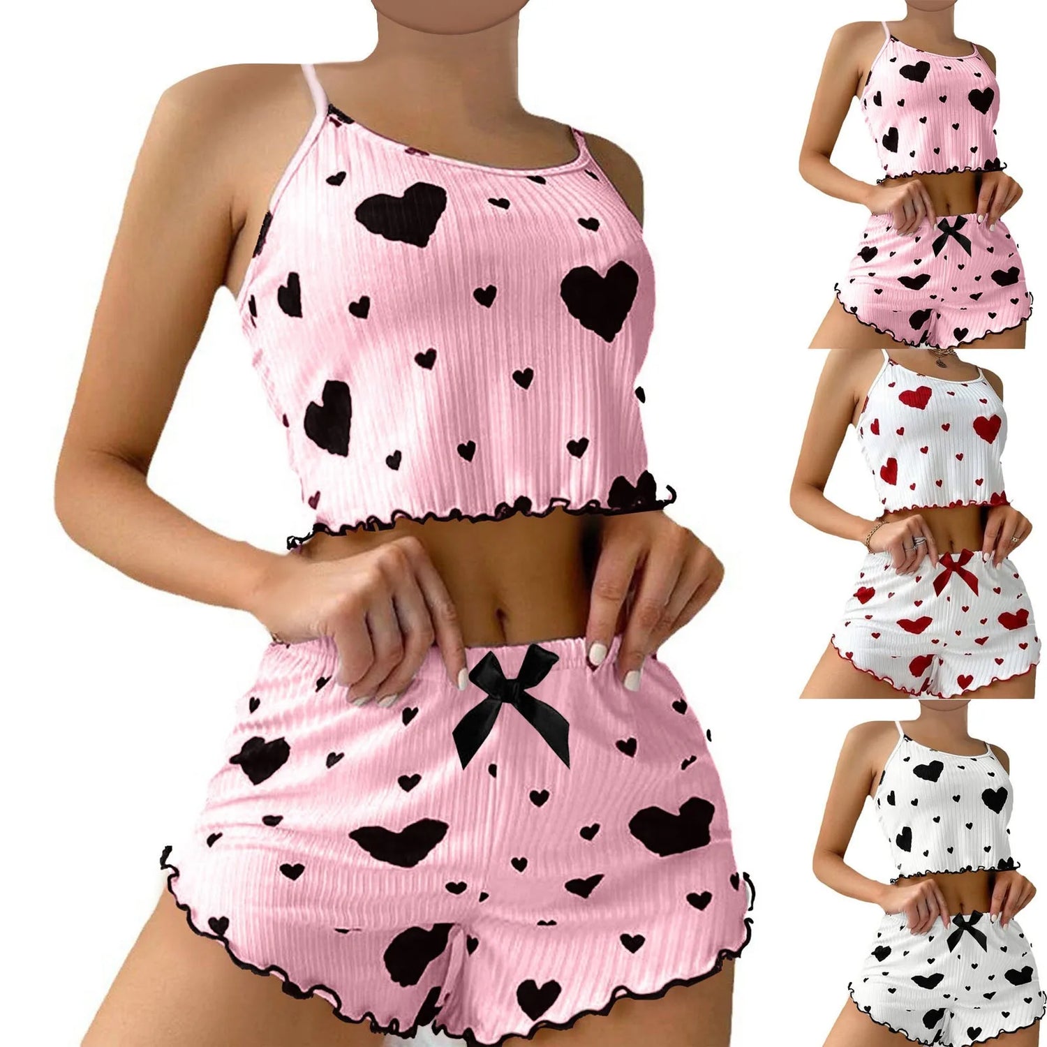 Heart Print Women's Pajamas Set Sleepwear 2 PCS Short Tank Tops and Shorts Sets Ventilate Soft Casual Love Sleeveless Home Suit