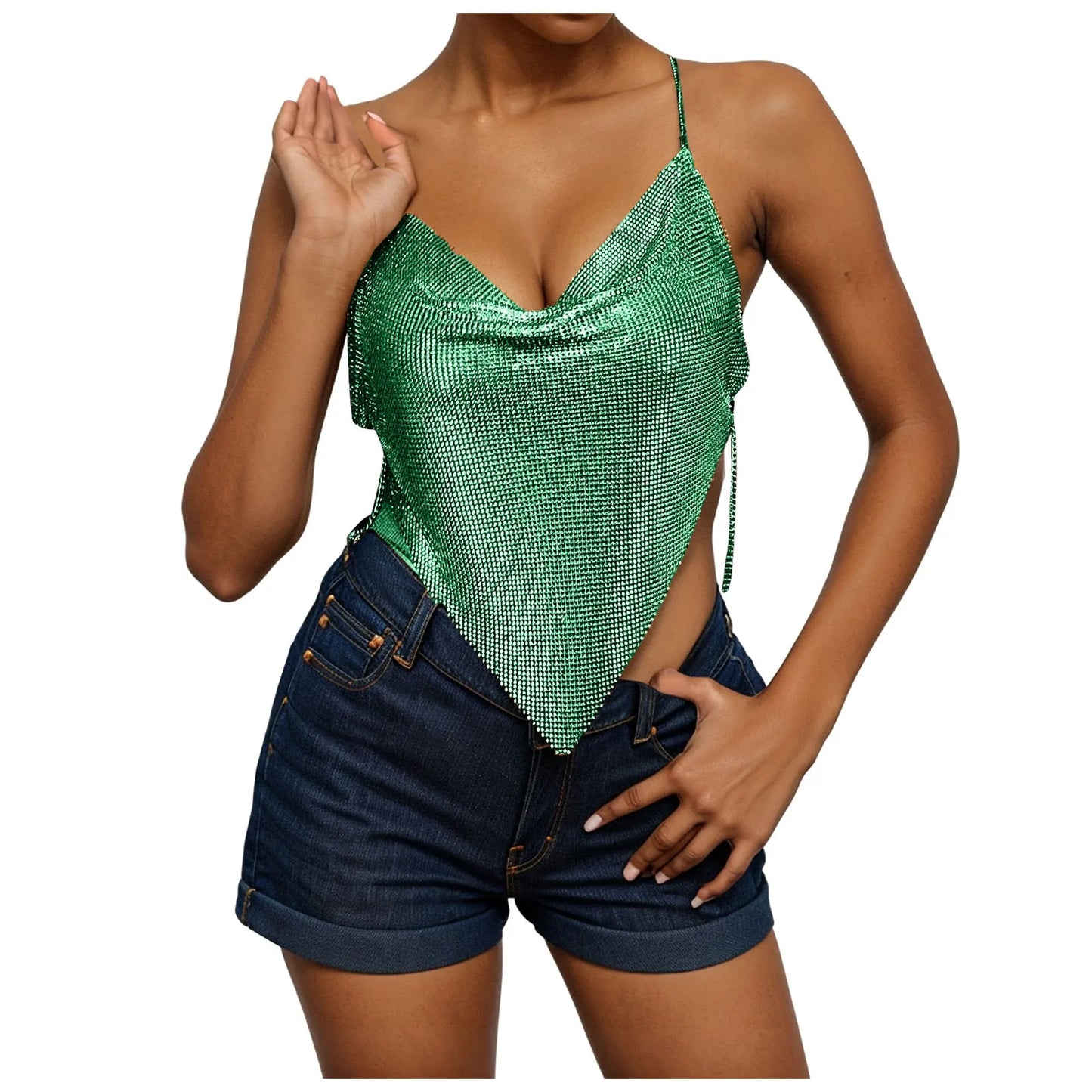 Women's Fashion Sequin Camisole Carnival Swing Neck Single Breasted Sexy Cropped Tops Hot Girls Hip Hop Backless Tank Tops