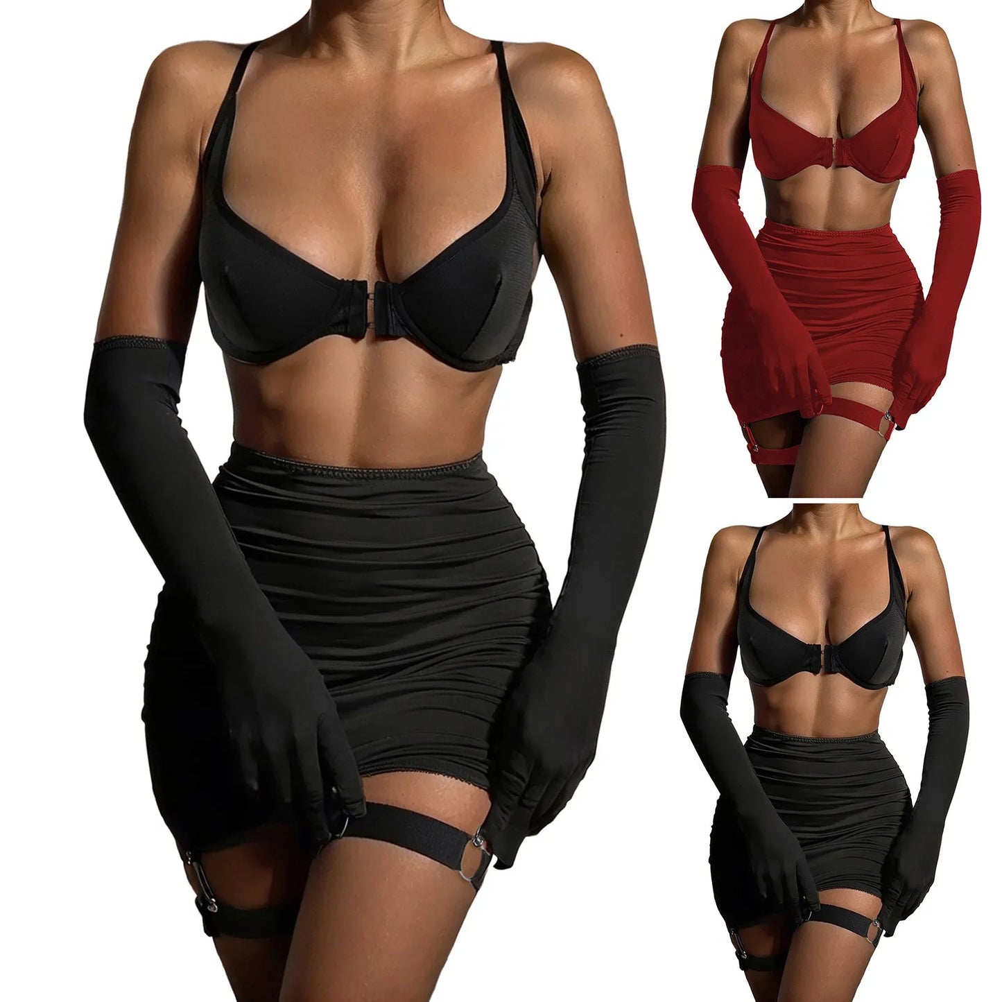 Women's Sexy Lingerie 3piece Set with Gloves Porn Underwear Set Low Cut Half Cup Bra Bodycon Skirt Roleplay Erotic Costumes