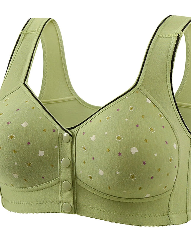 Front Button Retro Printed Bra Without Steel Ring Wide Shoulder Strap Middle-Aged Elderly Underwear Plus Size Women'S Vest Bras