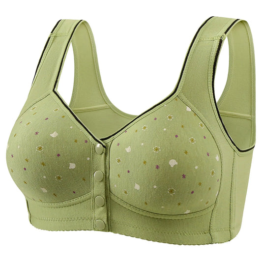 Front Button Retro Printed Bra Without Steel Ring Wide Shoulder Strap Middle-Aged Elderly Underwear Plus Size Women'S Vest Bras