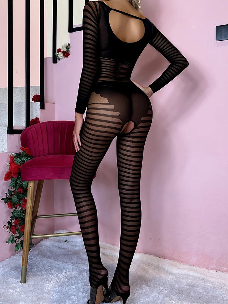 Striped Jacquard Mesh Bodystocking Jumpsuit – See-Through Backless Open-Crotch Garter Lingerie