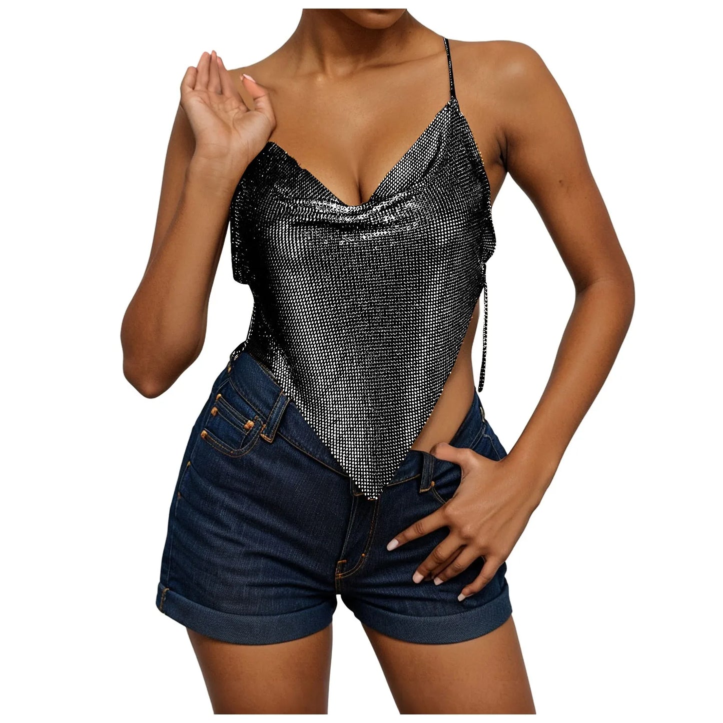 Women's Fashion Sequin Camisole Carnival Swing Neck Single Breasted Sexy Cropped Tops Hot Girls Hip Hop Backless Tank Tops