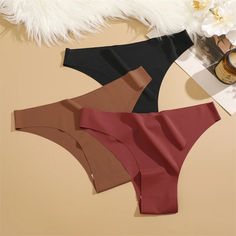 FINETOO 3Pcs Ultra-thin Seamless Silk Underwear Women's Panties Sexy Low-Waist Stretch Bikini Solid Color Briefs Lingerie XS-XXL