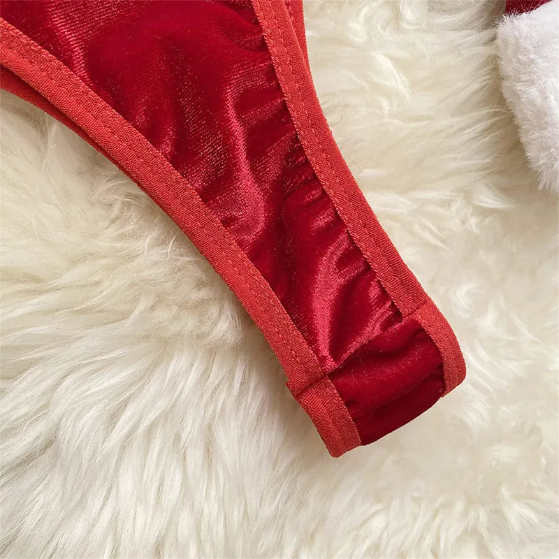 Women's Sexy Christmas Erotic Lingerie Set Furry Erotic Lingerie Set Bodysuit  Hat Sexy Underpants Velvet One-piece Bra Set