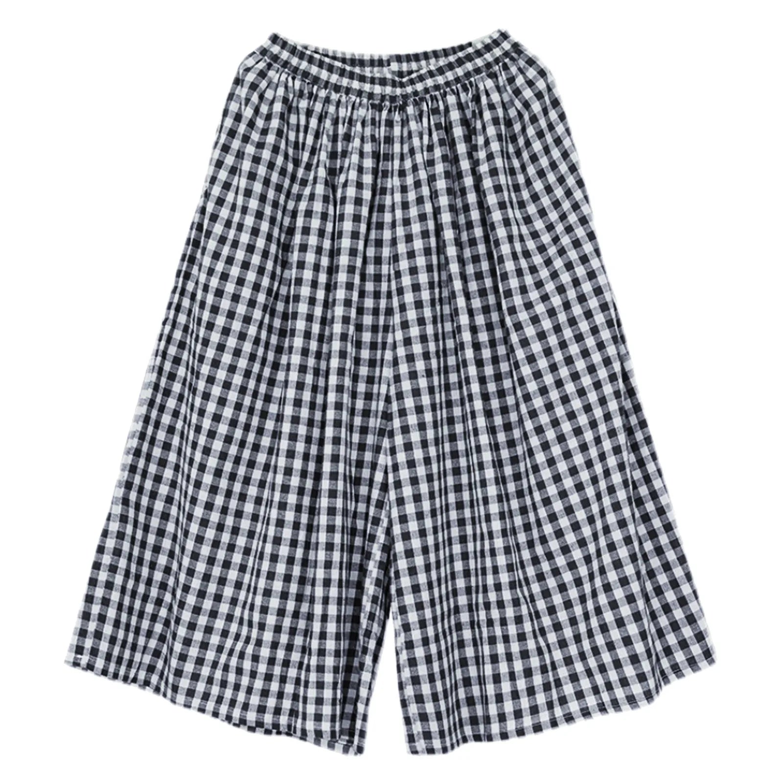 2024 Summer New Culotte Pants High Waist Pleated Slanted Pocket A-Shaped Wide Leg Covering Span Checkered Printing Trousers