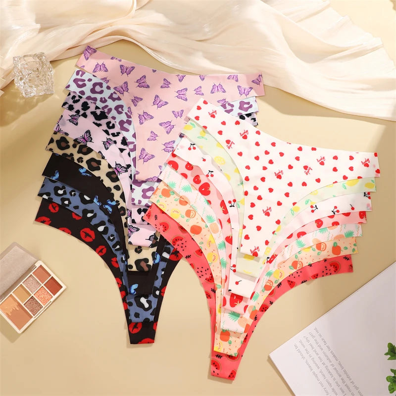 FINETOO Ultra Soft Seamless Graphic Print Thong Set – 4-Pack Stretch Leopard G-Strings for Women