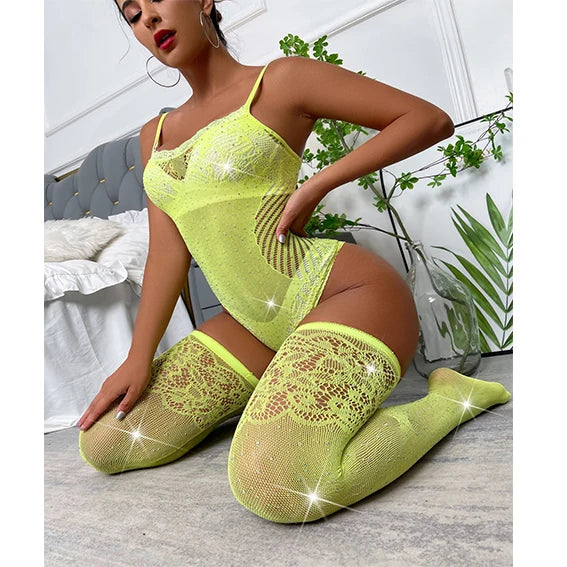 Sheer Rhinestone Fishnet Diamond Bodysuit – Long-Sleeve Sparkle Baddie Summer Suit