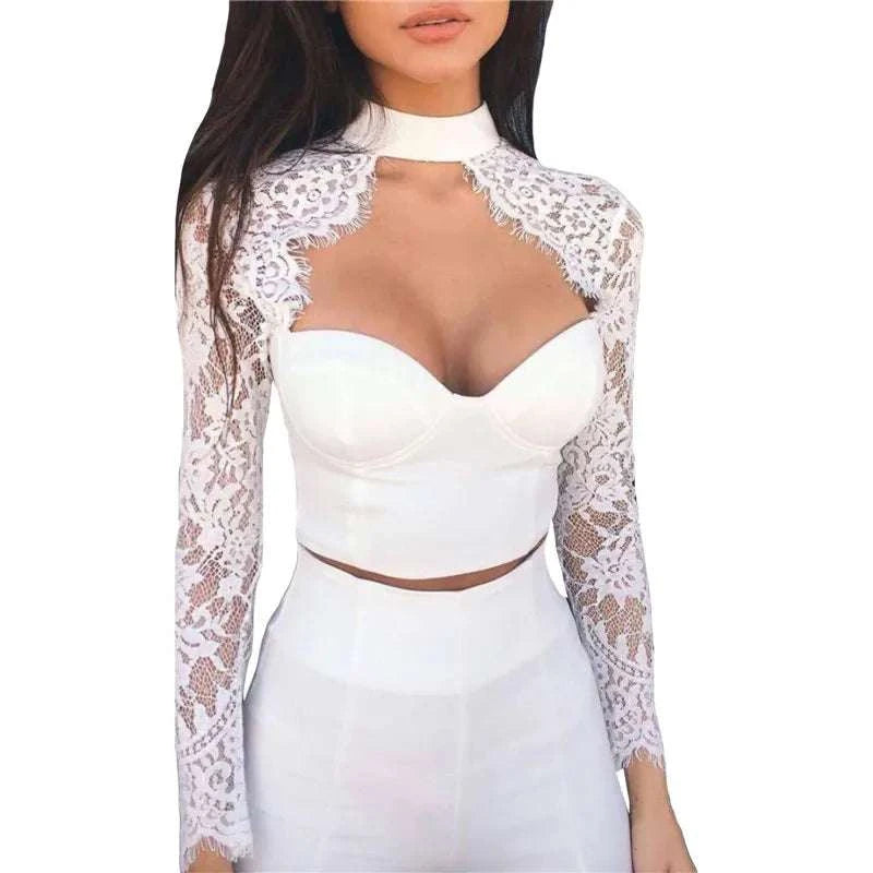 Sexy Lace Patchwork Tops For Women Long Sleeve Push Up See-through Crop Tops Ladies Summer Spring Low-cut Slim Blouses