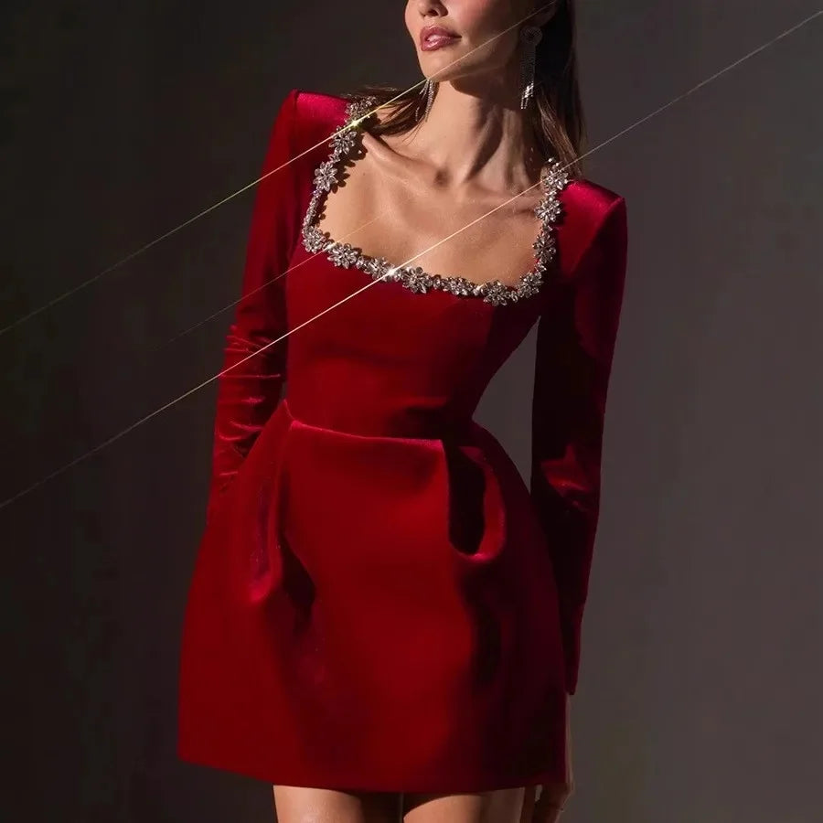 Elegant Short Velvet Dress with Diamond Embellishment Square Collar Independent Station Cross-border Spring Women's Fashion