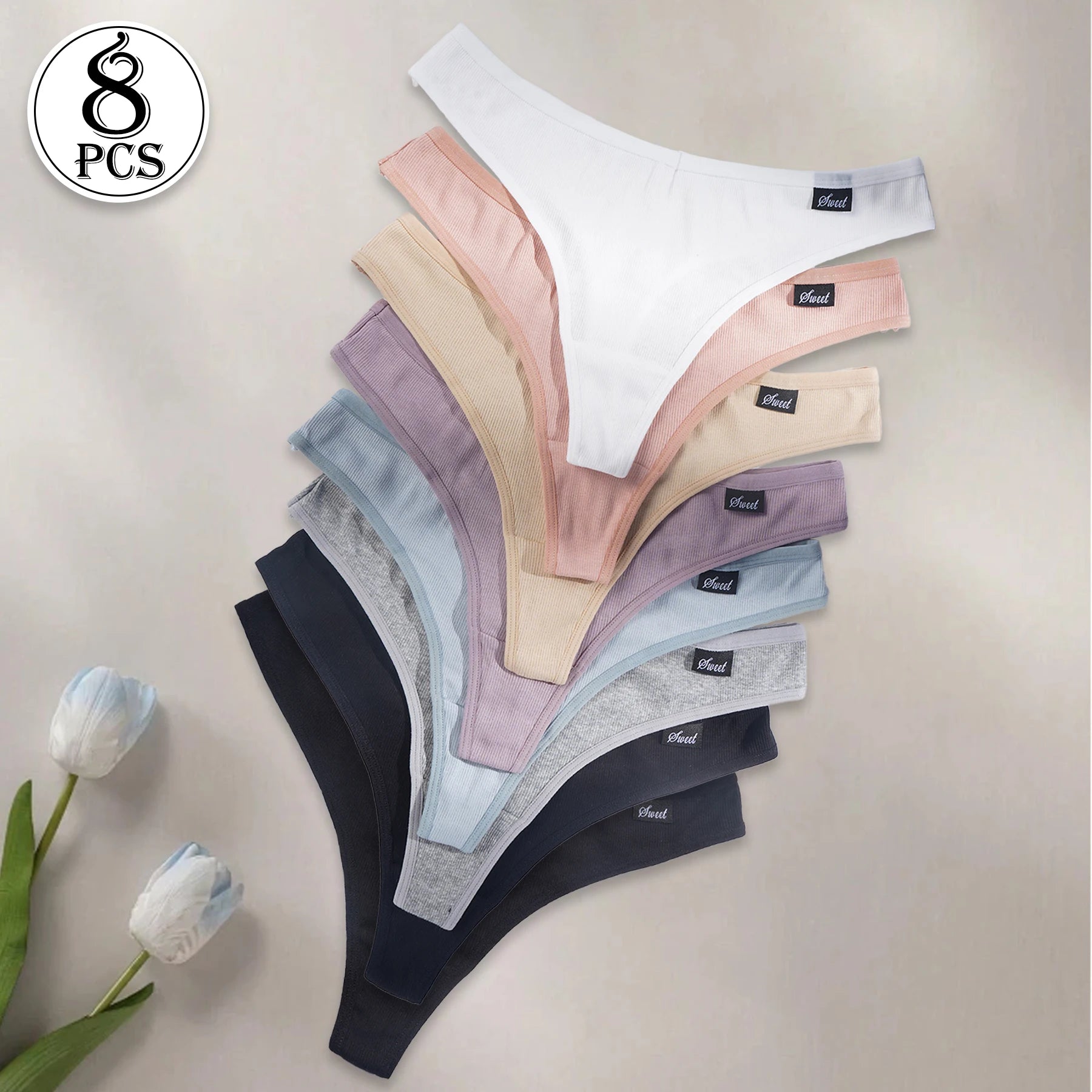 8PCS Women's Sexy Thongs Low Waist Seamless G-Strings Solid Color Comfortable Cotton Panties Female Breathable Underwear S-XXL