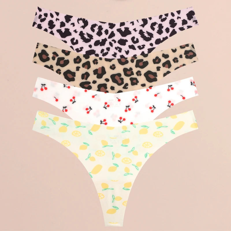 FINETOO Ultra Soft Seamless Graphic Print Thong Set – 4-Pack Stretch Leopard G-Strings for Women