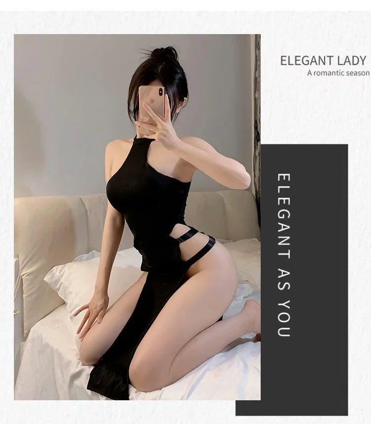 Sexy lingerie Solid color pullover sleeveless hollow slit European and American tight fitting dress Short dresses Woman costume