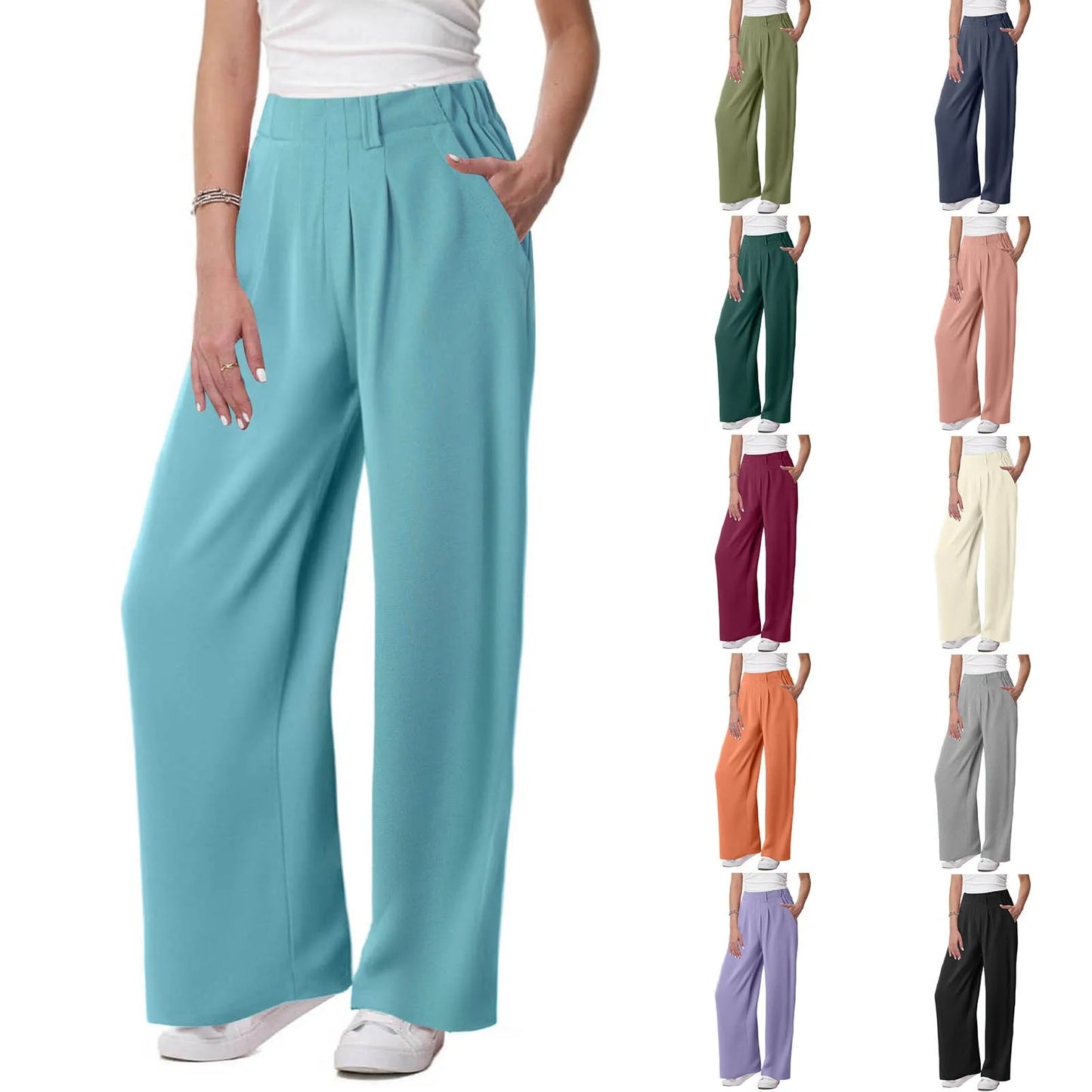 Womens Solid Color Straight Tube Loose Stretch Yoga Pants with Pockets Streetwear Waffle Palazzo Pants Women Joggers Baggy Pants