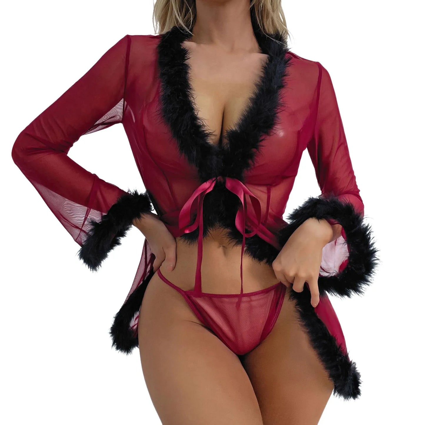 Furry Mesh Robe Lace Up See Through Nightgown Transparent Sleepwear Red Christmas Sexy Lingerie Bathrobe Kimono Lenceria