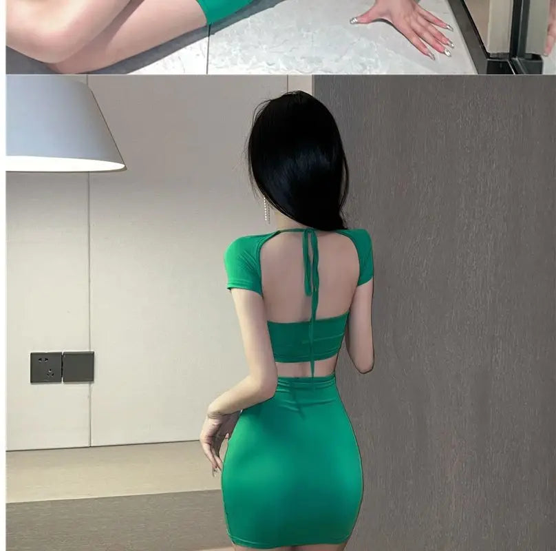 Sexy Spicy Girl Hollow Back Show Chest Hanging Neck Dress Summer Unique and Unique Tight Show Slim Wrap Hip Short Skirt