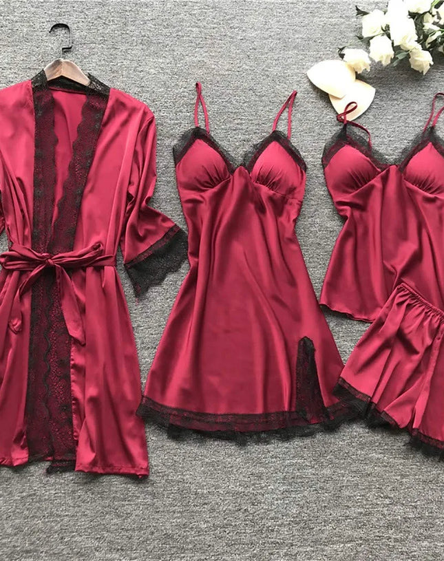 Women’s 4-Piece Satin & Lace Nightwear Set – Camisole, Shorts, Nightdress & Robe