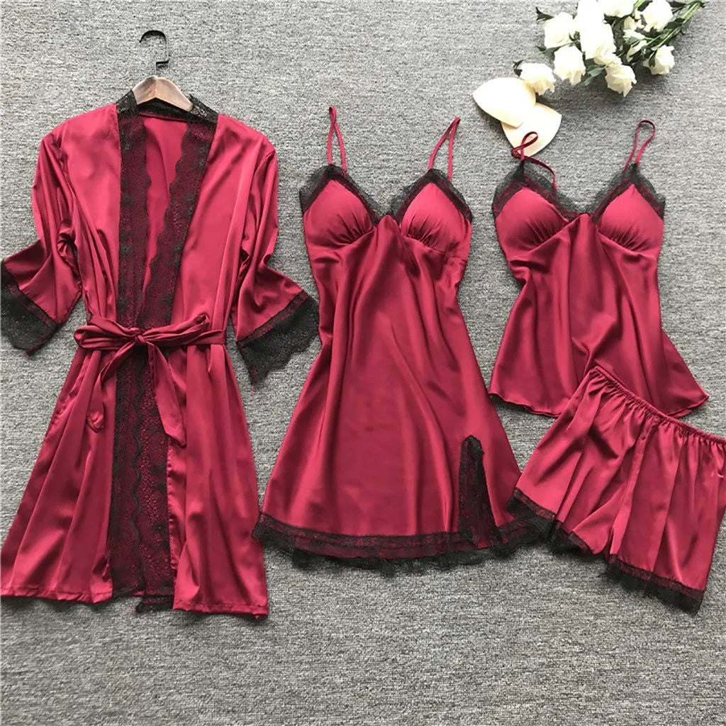 Women’s 4-Piece Satin & Lace Nightwear Set – Camisole, Shorts, Nightdress & Robe