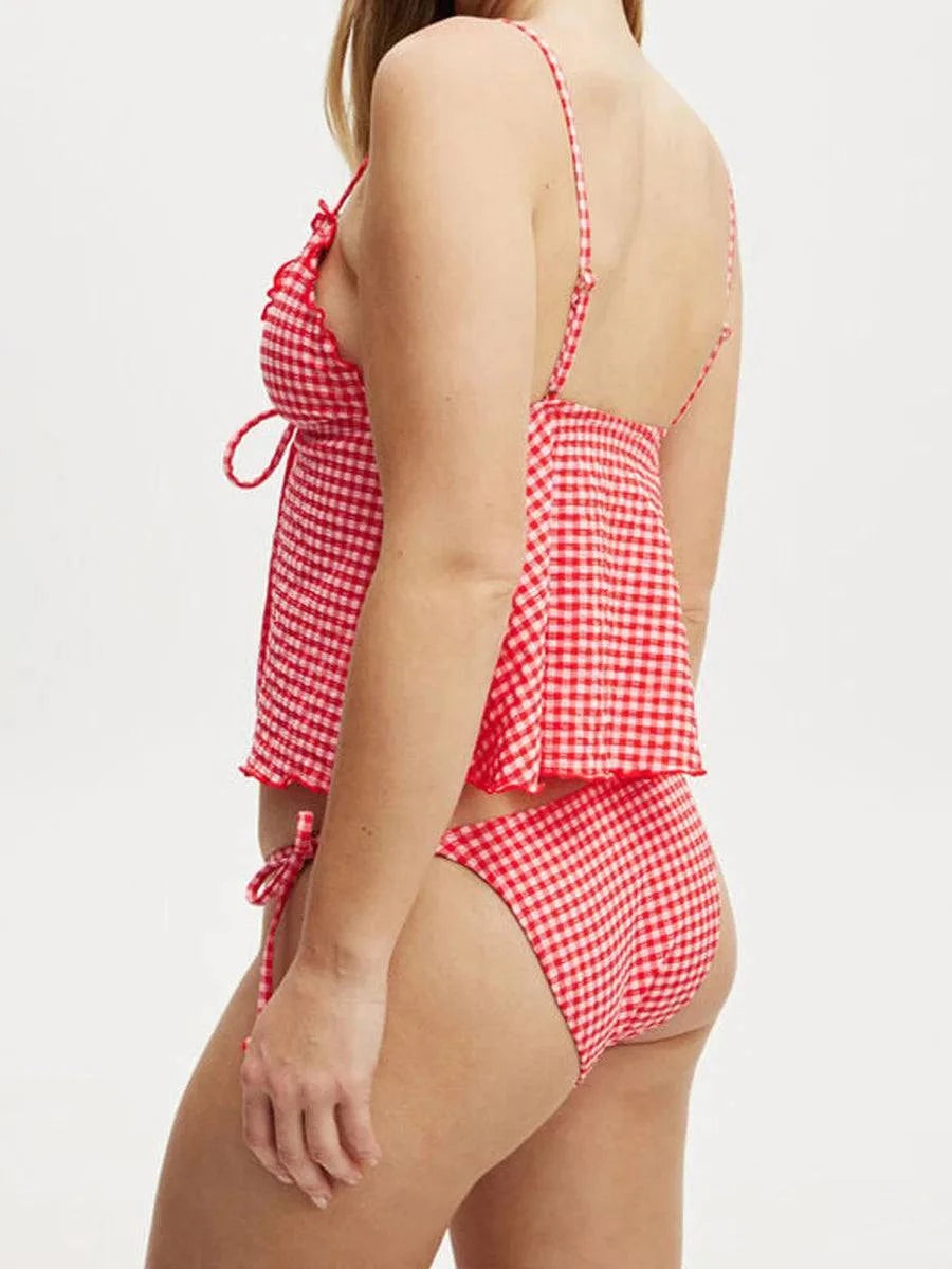 Women s Plaid Print Sleeveless Cami Top with Deep V Neckline and Front Tie-up Detail - Stylish Split Shirt for Summer