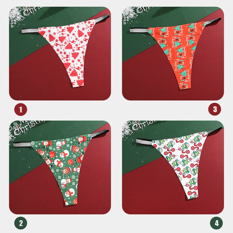 New 4Pcs Christmas Print Underwear Breathable Shiny Belt Thong Women Skin-friendly Fashionable Casual Christmas Gifts